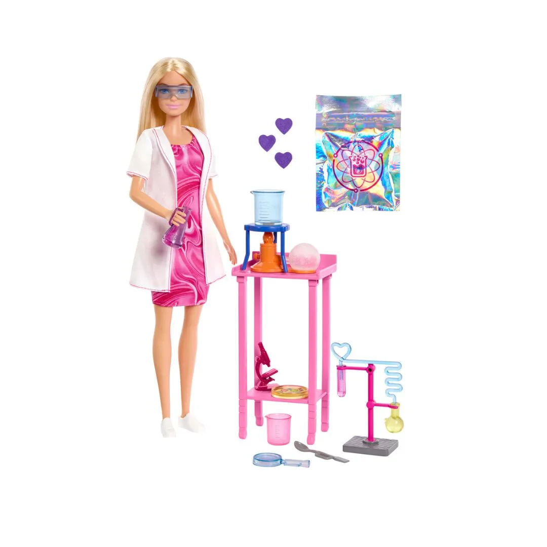 Barbie as a scientist, wearing a lab coat and safety goggles, surrounded by science equipment and colorful test tubes