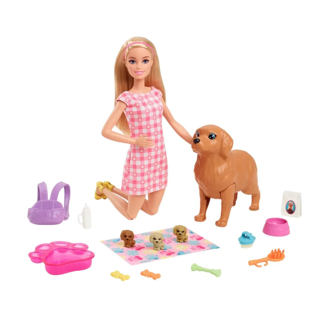 A blonde Barbie doll from the Newborn Pups 2.0 collection, surrounded by cute, playful puppies