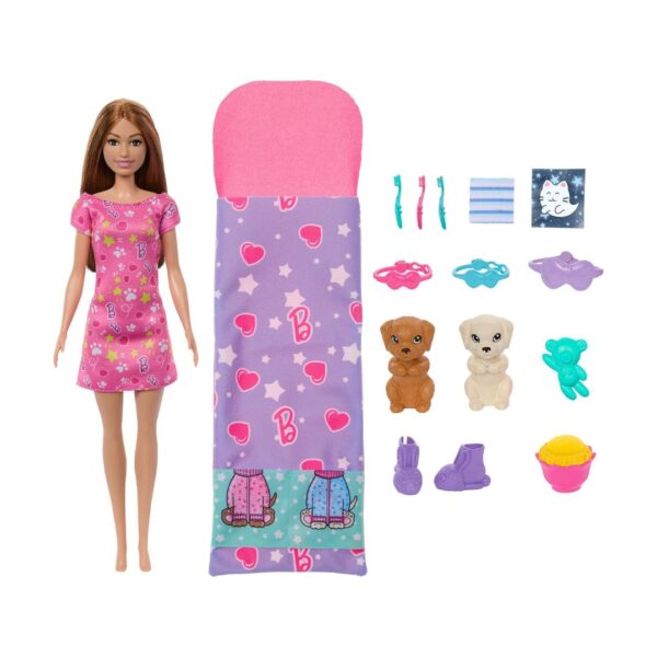 Barbie Puppy Slumber Party Playset featuring Barbie, puppies, and cozy accessories for a fun sleepover scene