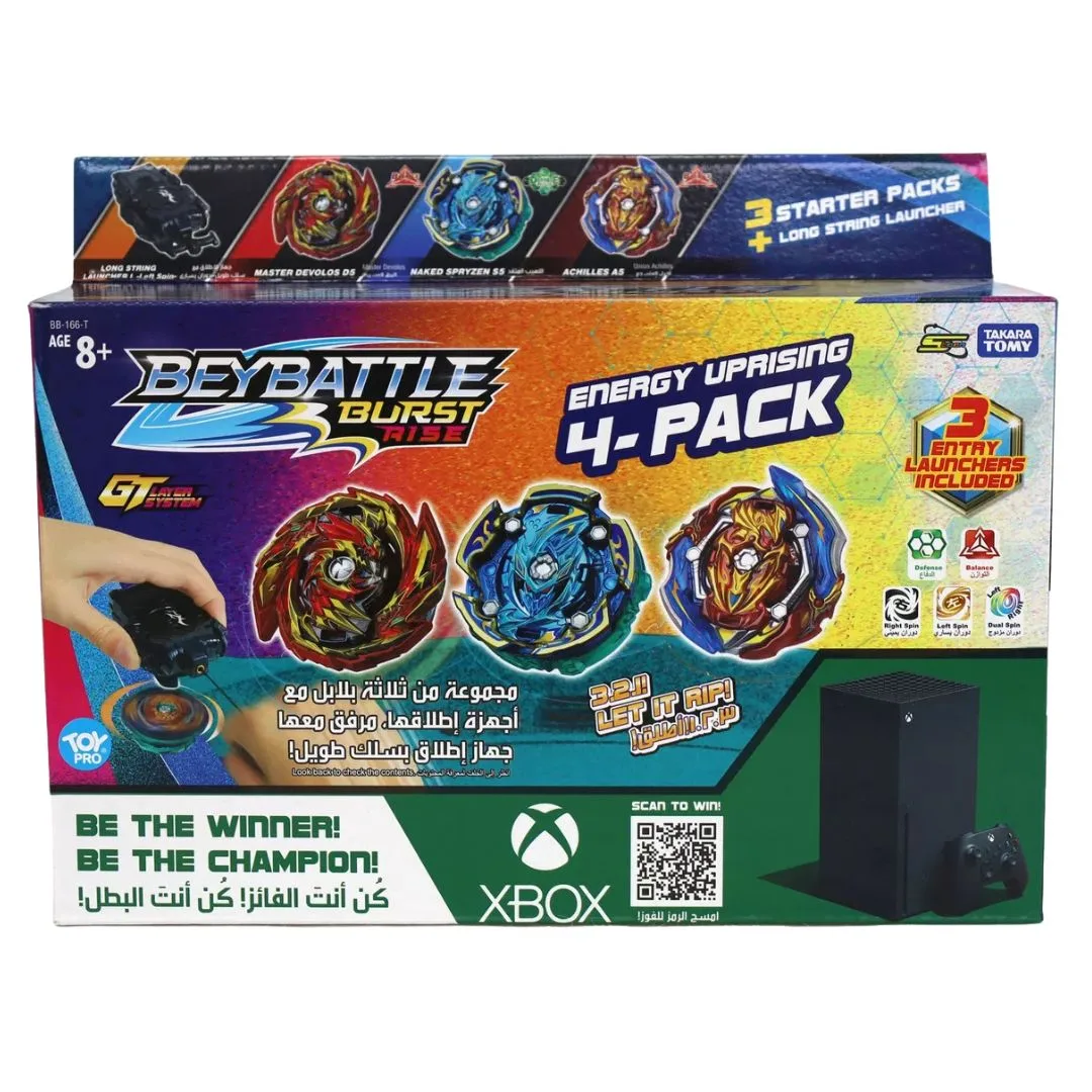 Beyblade Burst Energy Uprising 4-pack featuring dynamic spinning tops and vibrant designs for competitive play