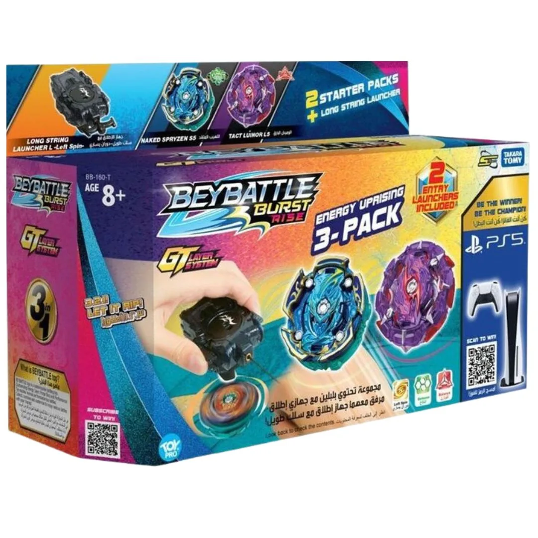 Beyblade Energy Uprising 3 Pack S5 featuring three spinning tops in vibrant colors and dynamic designs for competitive play