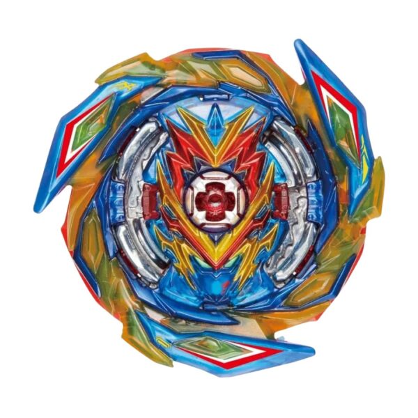 A colorful Beyblade toy, Brave Valkyrie S5, designed for competitive spinning battles, featuring a dynamic burst design
