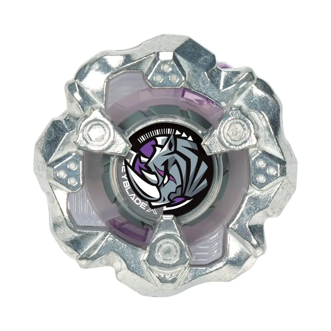 Beyblade X Horn Rhino 3-80S, a spinning top toy featuring a horned design and vibrant colors for competitive play