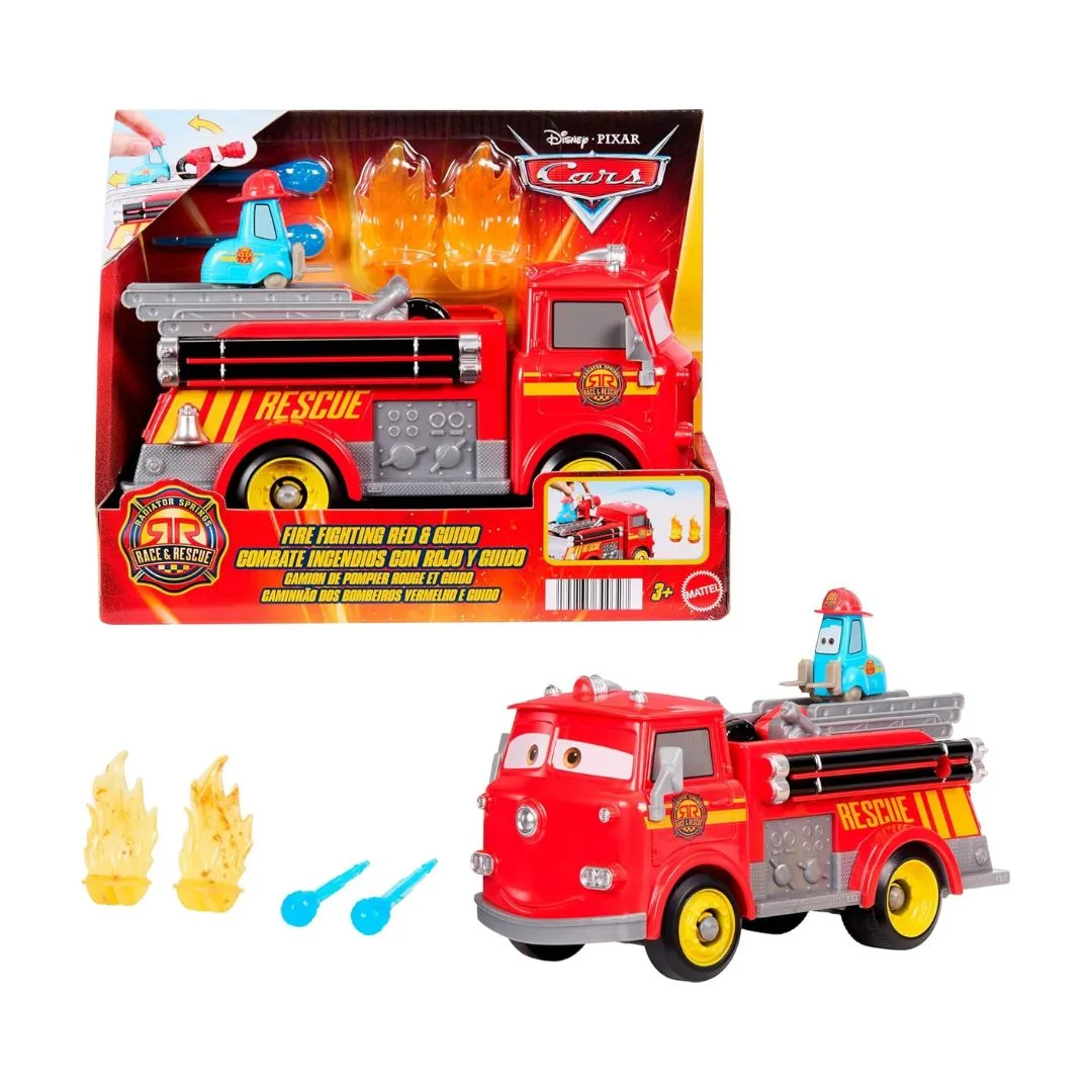 A colorful Disney and Pixar Cars toy firetruck with cartoonish features, designed for imaginative play