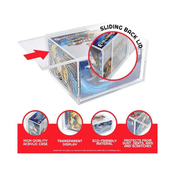 EVORETRO Pokemon Booster Box protector made of 4mm acrylic with a sliding lid and anti-UV features for card preservation.