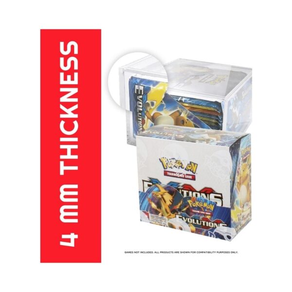 EVORETRO Pokemon Booster Box protector made of 4mm acrylic with a sliding lid and anti-UV features for card preservation.