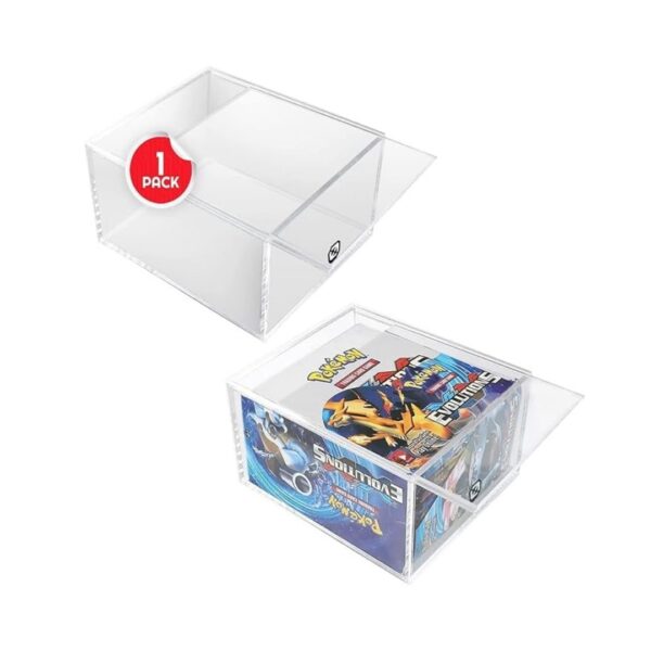 EVORETRO Pokemon Booster Box protector made of 4mm acrylic with a sliding lid and anti-UV features for card preservation.