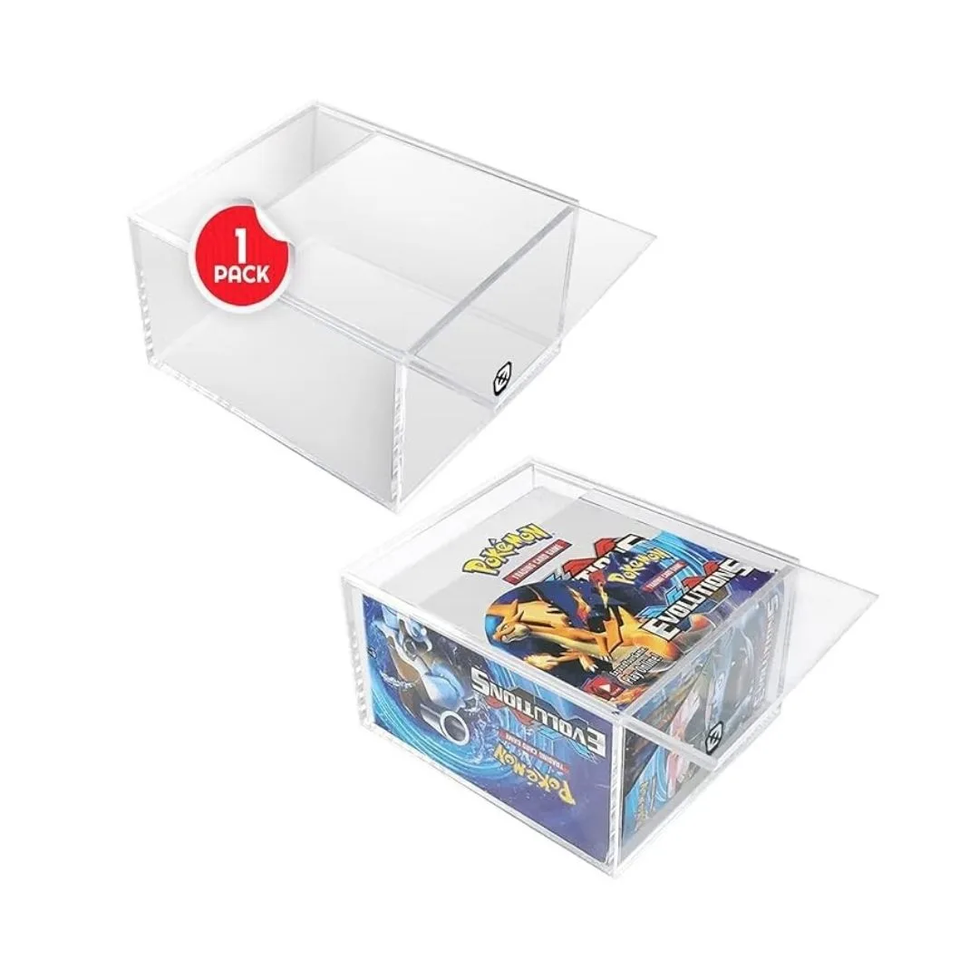 EVORETRO Pokemon Booster Box protector made of 4mm acrylic with a sliding lid and anti-UV features for card preservation.