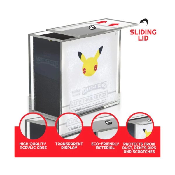 Clear acrylic case for Pokémon Elite Trainer Box, protecting from dust and UV damage while allowing easy access with a sliding lid.