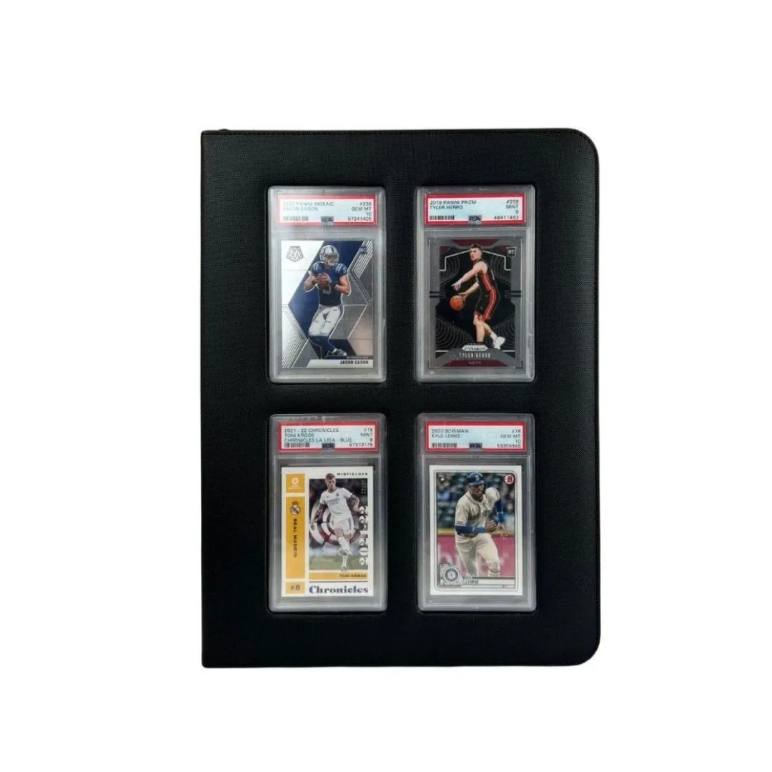 Black EVORETRO Premium Card Slab Binder with transparent window, sturdy design, and zipper closure for card protection and display.
