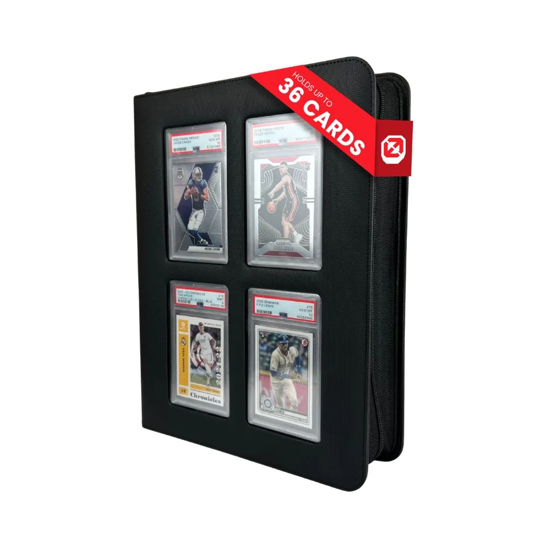 Black EVORETRO Premium Card Slab Binder with transparent window, sturdy design, and zipper closure for card protection and display.