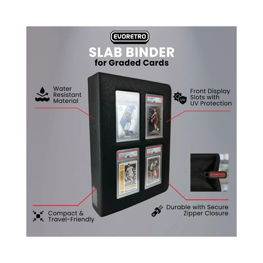 Black EVORETRO Premium Card Slab Binder with transparent window, sturdy design, and zipper closure for card protection and display.