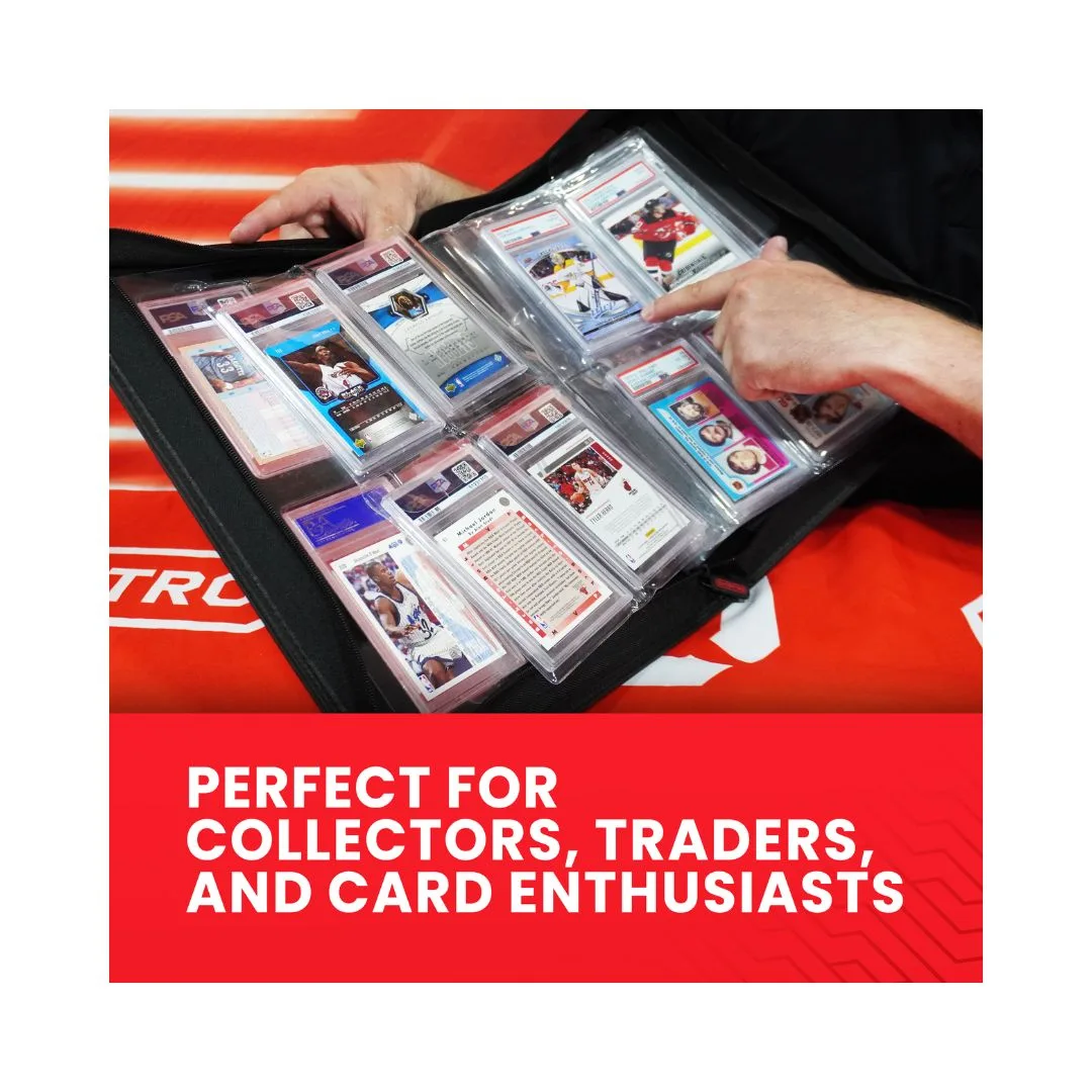 Black EVORETRO Premium Card Slab Binder with transparent window, sturdy design, and zipper closure for card protection and display.