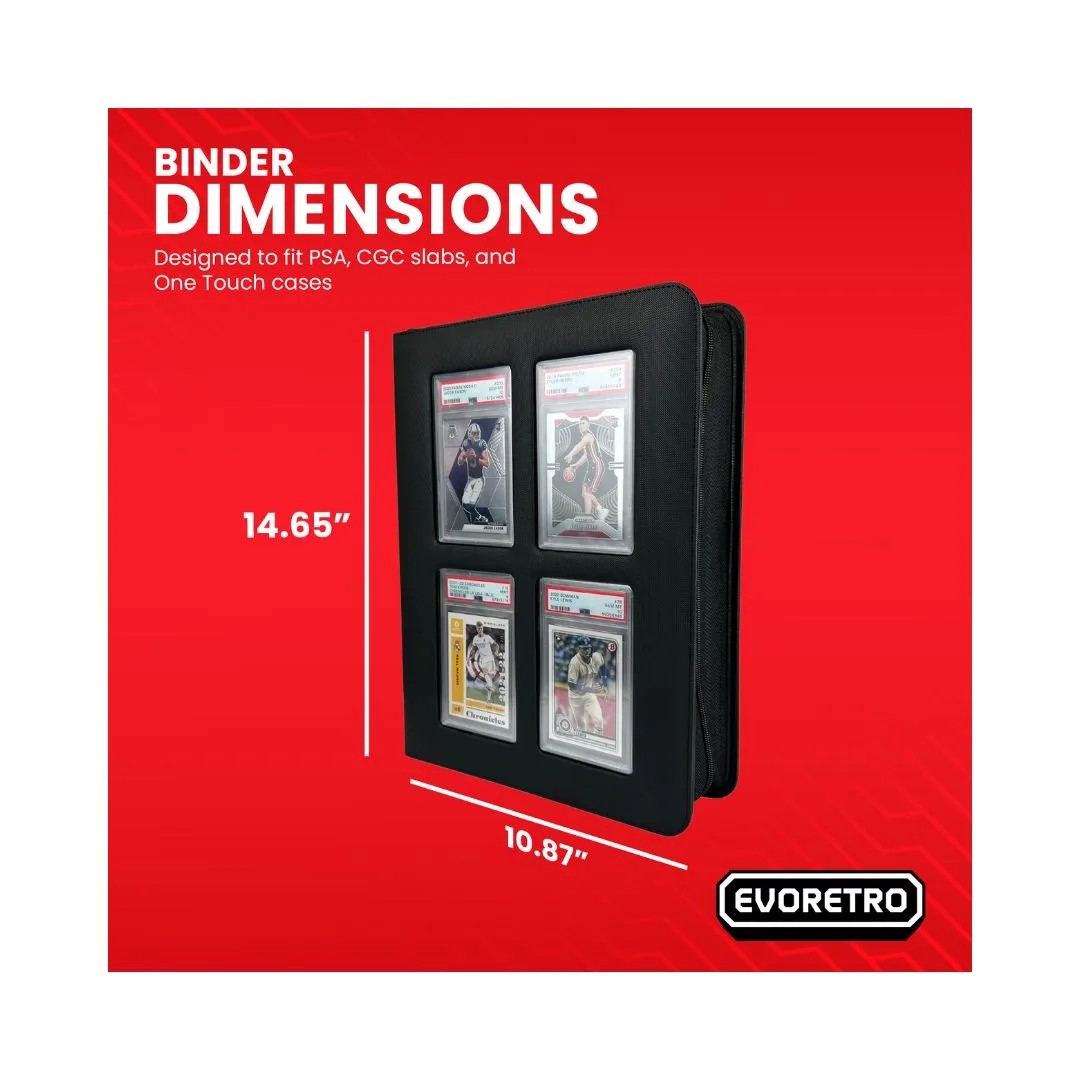 Black EVORETRO Premium Card Slab Binder with transparent window, sturdy design, and zipper closure for card protection and display.