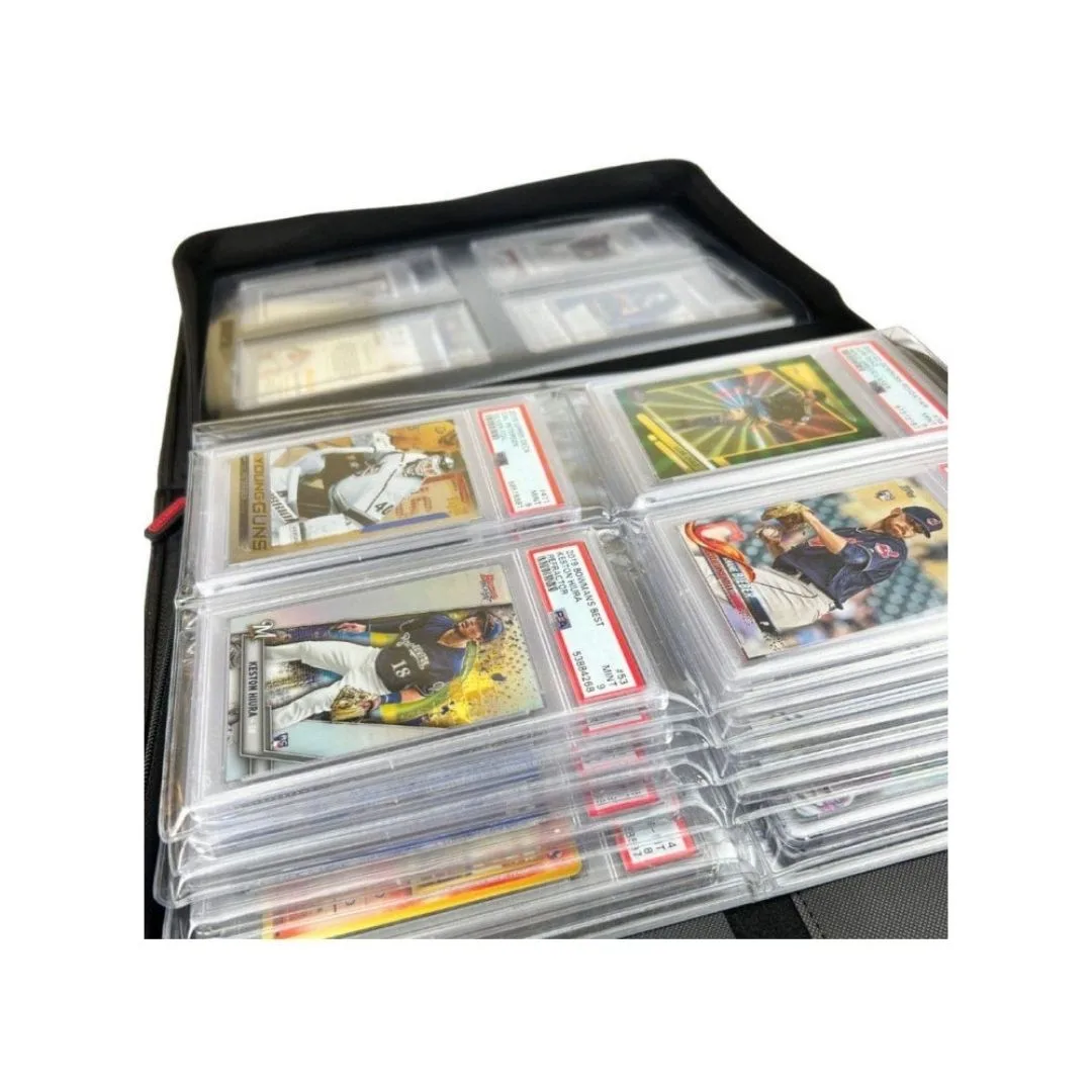 Black EVORETRO Premium Card Slab Binder with transparent window, sturdy design, and zipper closure for card protection and display.