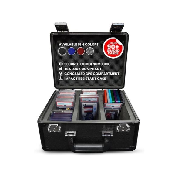 Black aluminum graded card storage box holds up to 90 cards, features TSA lock, ideal for collectors and secure travel.