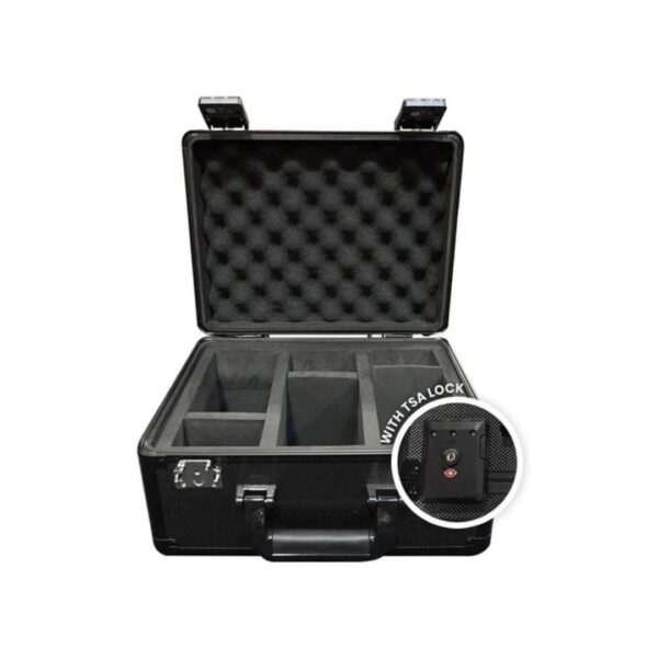 Black aluminum graded card storage box holds up to 90 cards, features TSA lock, ideal for collectors and secure travel.