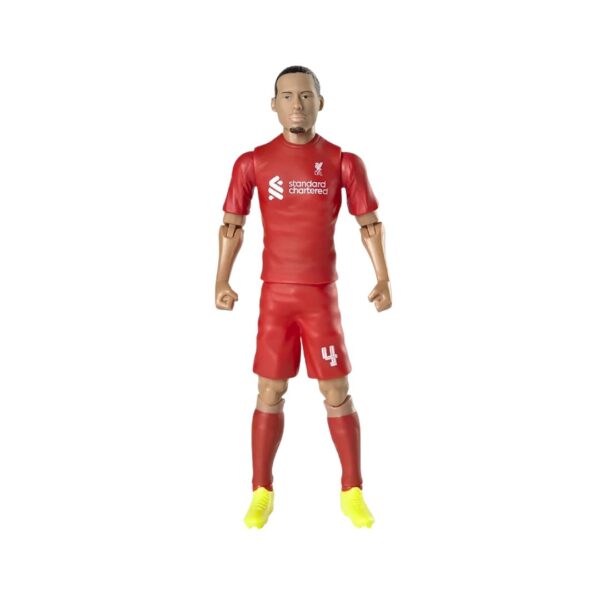 Action figure of Liverpool footballer Virgil Van Dijk in a red kit, posed in an athletic stance with a soccer ball