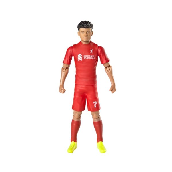 Action figure of Luis Diaz in Liverpool kit, showcasing him in a dynamic football pose with a ball at his feet.