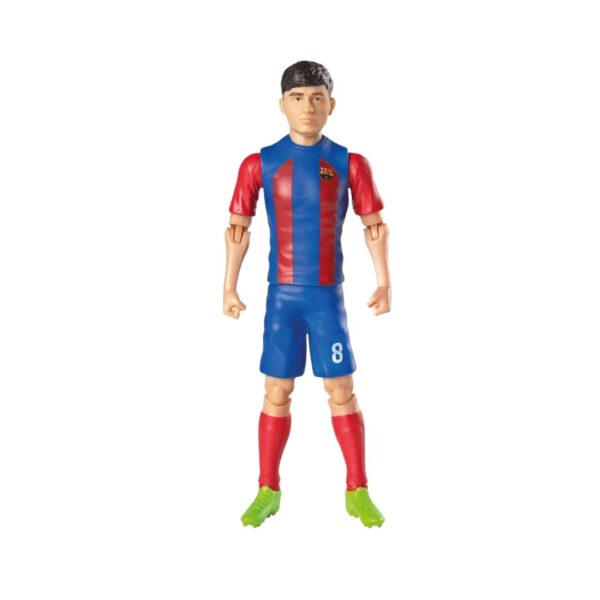 Action figure of FC Barcelona player Pedri, showcasing his team uniform and dynamic pose on a display stand