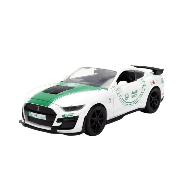 Model of a 2020 Ford Mustang in Dubai Police livery, scale 1:24, showcasing the vehicle's distinctive design and colors.