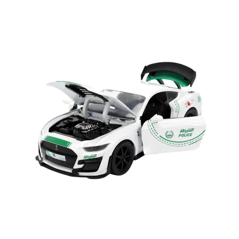 Model of a 2020 Ford Mustang in Dubai Police livery, scale 1:24, showcasing the vehicle's distinctive design and colors.
