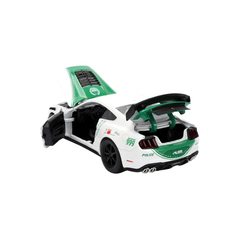 Model of a 2020 Ford Mustang in Dubai Police livery, scale 1:24, showcasing the vehicle's distinctive design and colors.