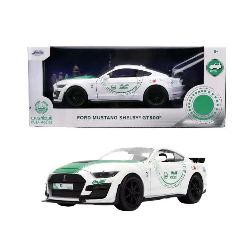 Model of a 2020 Ford Mustang in Dubai Police livery, scale 1:24, showcasing the vehicle's distinctive design and colors.