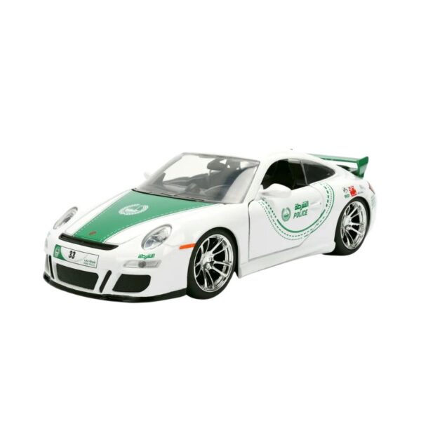 Jada Dubai Police Porsche 911 GT3 model car in 1:24 scale, showcasing detailed police livery and sleek design