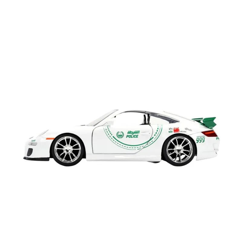 Jada Dubai Police Porsche 911 GT3 model car in 1:24 scale, showcasing detailed police livery and sleek design
