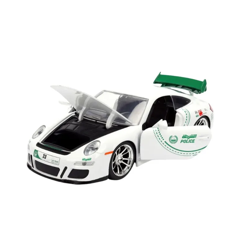 Jada Dubai Police Porsche 911 GT3 model car in 1:24 scale, showcasing detailed police livery and sleek design
