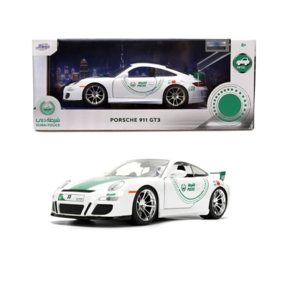 Jada Dubai Police Porsche 911 GT3 model car in 1:24 scale, showcasing detailed police livery and sleek design