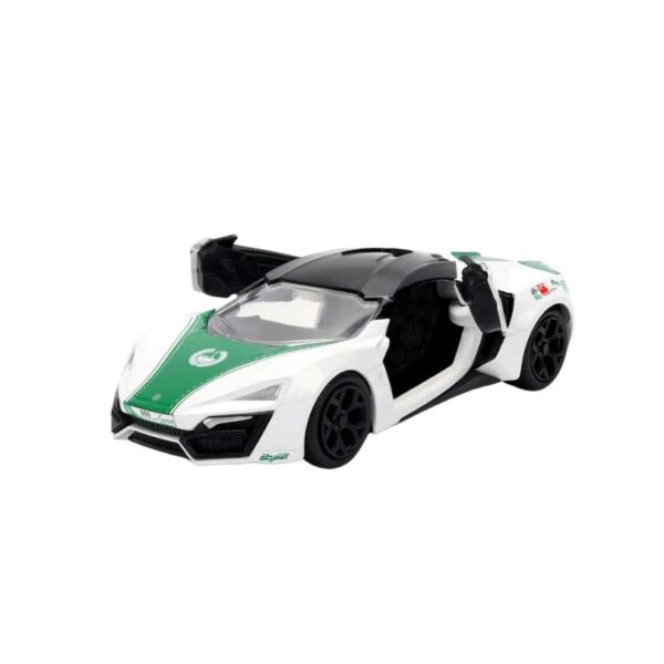 Model of the Jada Dubai Police W Motors Lykan car, scale 1:32, showcasing detailed design and police livery.
