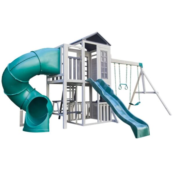 KidKraft Silver Sands Swing Set featuring swings, a slide, and a climbing frame in a backyard setting