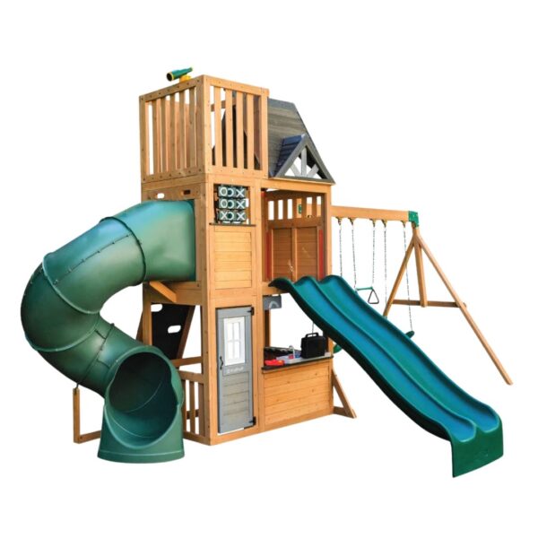 Wooden swing playset featuring a slide, climbing wall, and swings, designed for outdoor children's play and fun