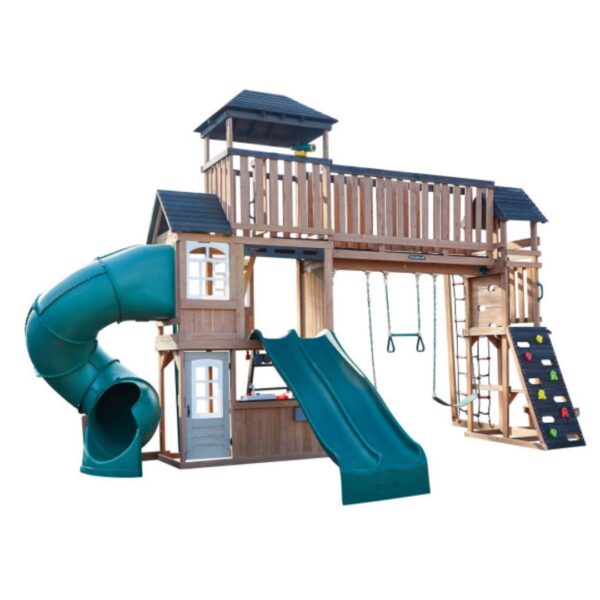 Wooden swing playset featuring a treetop observatory, slides, and climbing structures for children's outdoor play