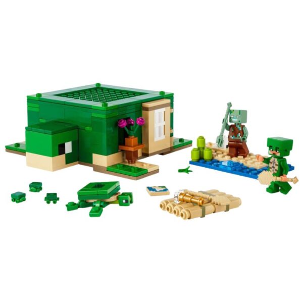 LEGO Minecraft set 21254 featuring a turtle beach house with characters, turtles, and vibrant ocean scenery