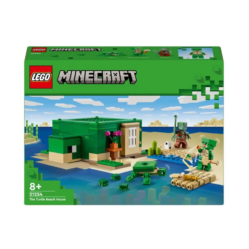 LEGO Minecraft set 21254 featuring a turtle beach house with characters, turtles, and vibrant ocean scenery