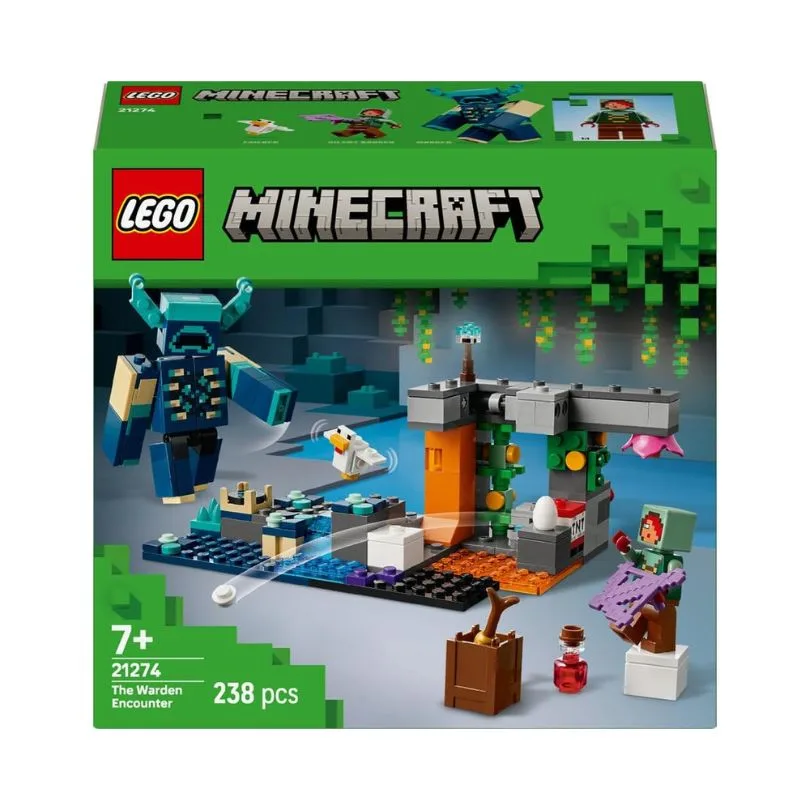 LEGO Minecraft set 21274 featuring The Warden Encounter with characters and elements from the popular game