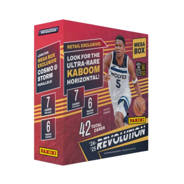 Panini 2024-25 Revolution Basketball Mega box featuring vibrant graphics and a collection of basketball trading cards.