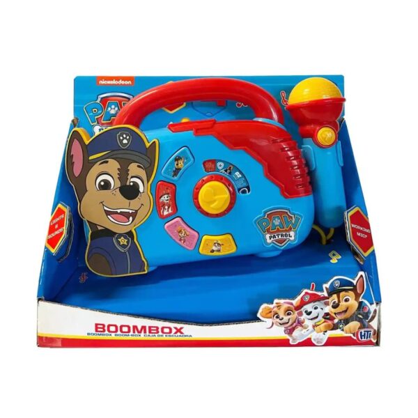 Colorful Paw Patrol boombox featuring characters from the show, designed for kids to play music and enjoy audio fun