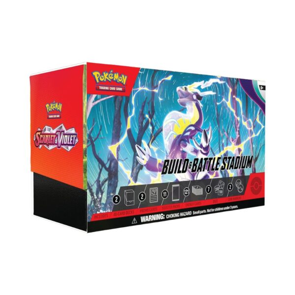 Pokemon Trading Cards: Scarlet & Violet Build & Battle Stadium box featuring various card packs and game accessories