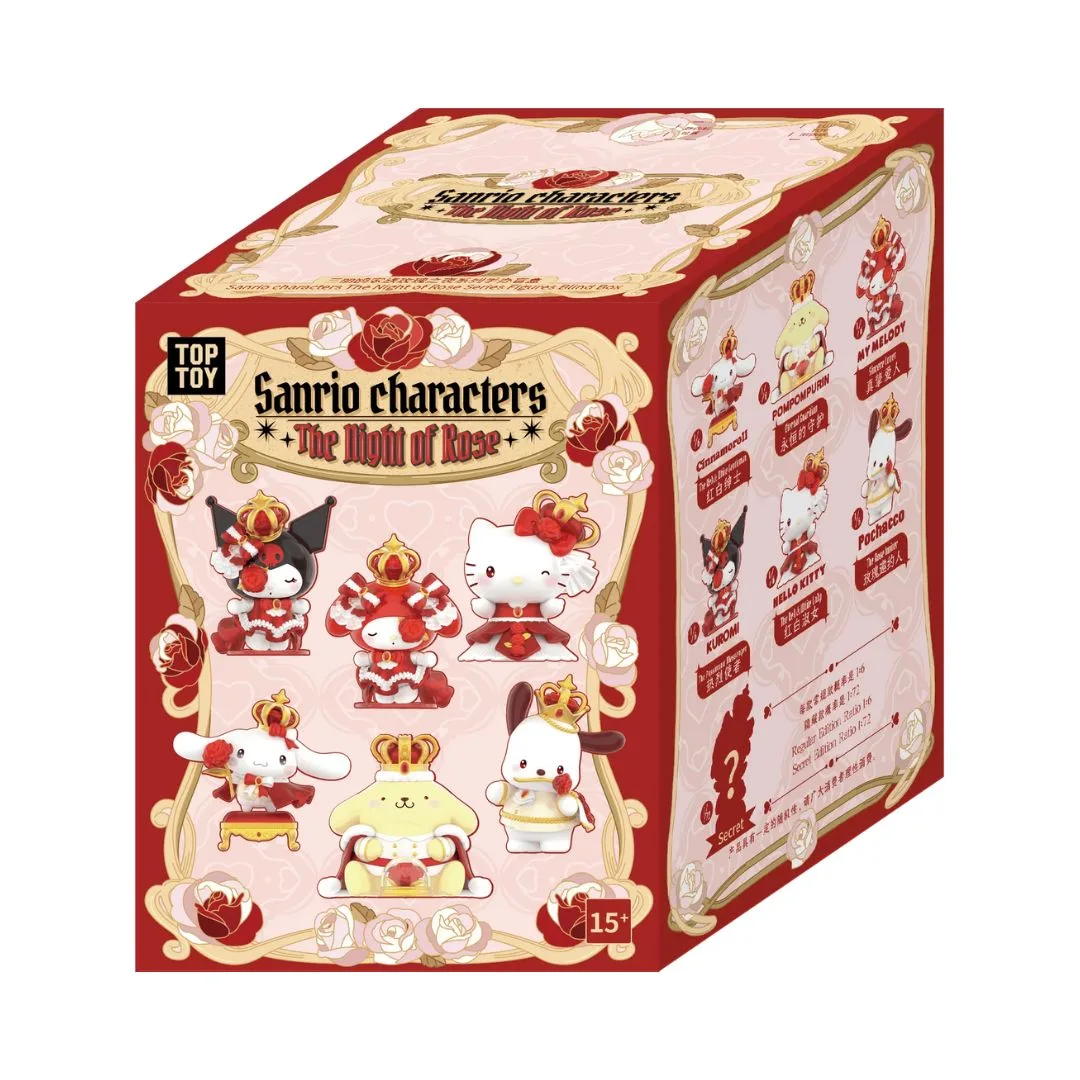 Blind box featuring various Sanrio characters from the Rose Night Series, showcasing their unique designs and colors