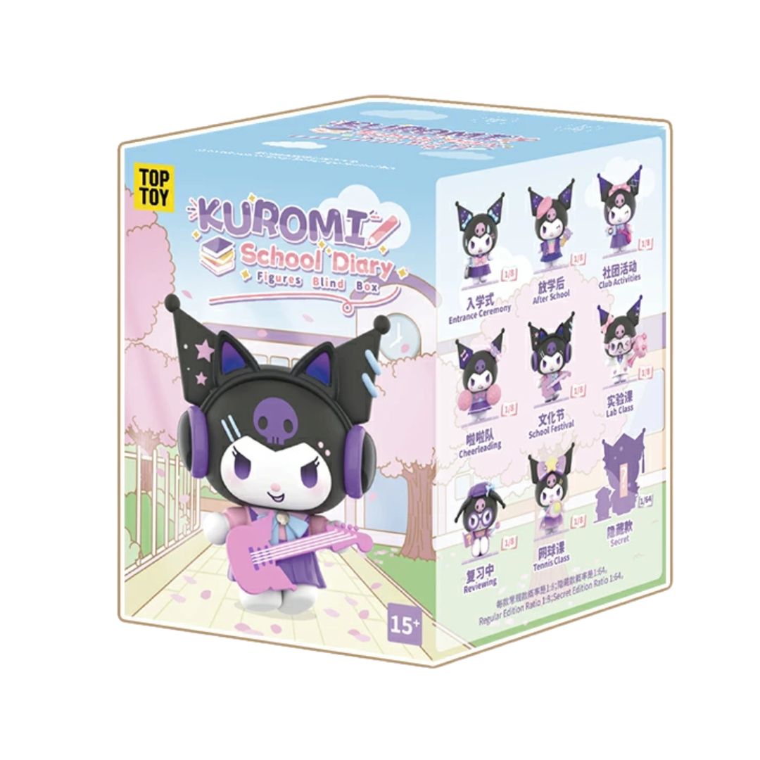 Top Toy Kuromi School Diary Series Figures Blind Box 1. Blind box featuring various figures from the Kuromi School Diary Series, showcasing colorful designs and characters