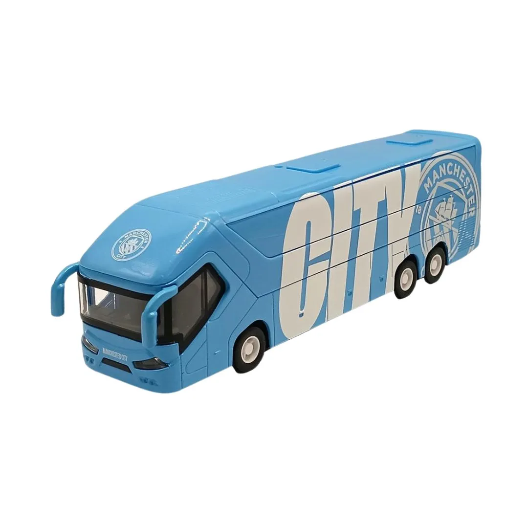 Die-cast tour bus featuring Manchester City F.C. branding, showcasing the team's colors and logo