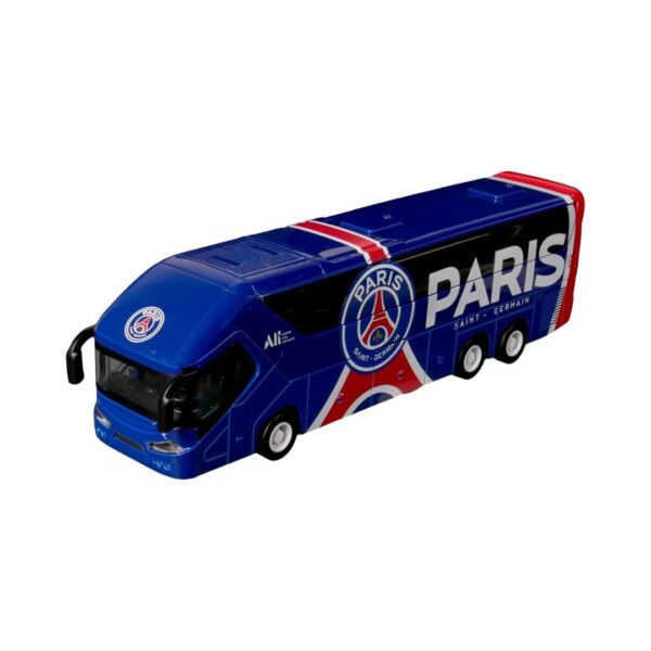 Tour bus featuring the Paris Saint-Germain (PSG) logo, parked in front of a famous Paris landmark