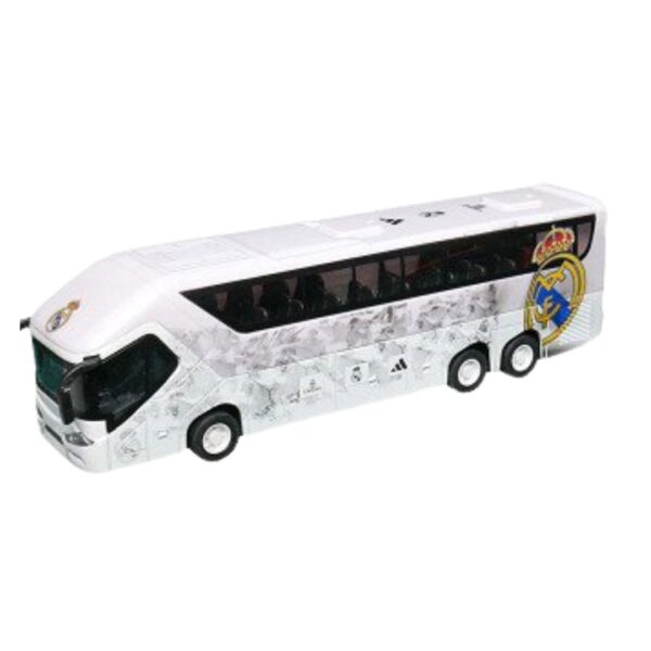 Die-cast model of a Real Madrid tour bus, featuring the team's logo and colors, displayed on a white background