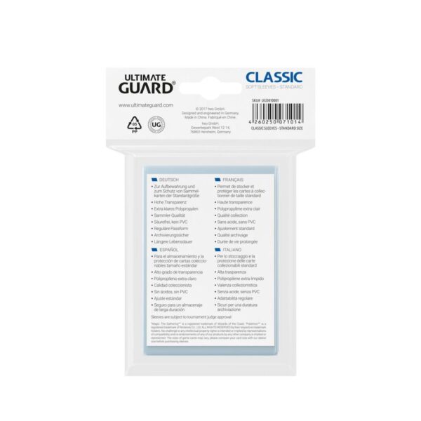 Ultimate Guard Classic Sleeves for standard cards, pack of 100, designed for protection and durability in card games