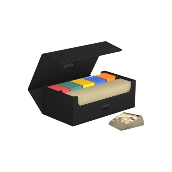 Premium black storage case for trading cards, featuring XenoSkin exterior, microfiber lining, and secure magnetic closure.