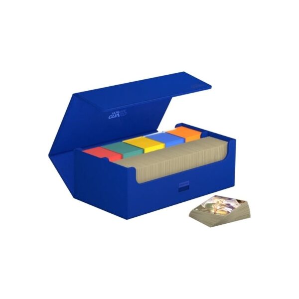 Premium blue storage case for trading cards, featuring XenoSkin exterior, microfiber lining, and secure magnetic closure.